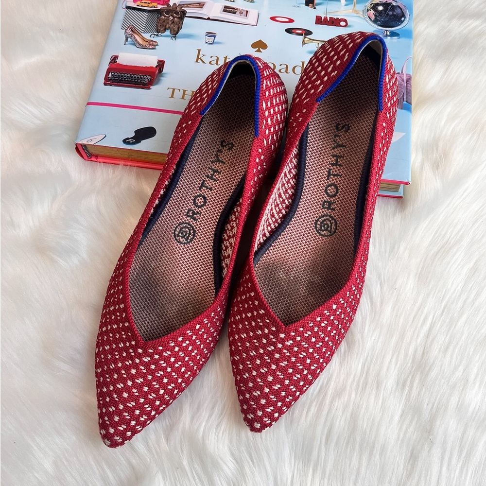 Rothy's Red Pointed Knit Ballet Flats with White Accent